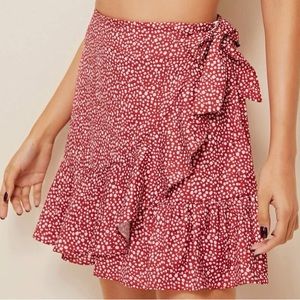 Shein Dalmatian Print Ruffle Hem Knot Wrap Skirt